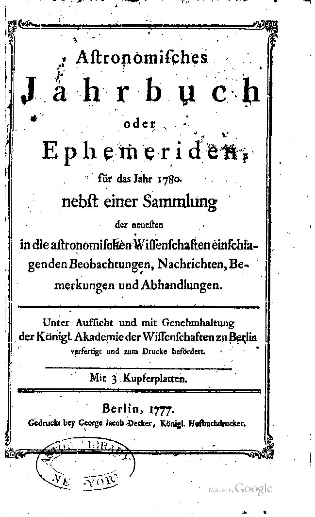 Astronomisches Jahrbuch oder Ephemeriden