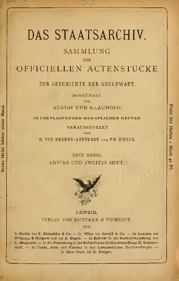 Das Staatsarchiv - Sammlung der Offiziellen Aktenstücke zur Geschichte der Gegenwart 33.Band - 1878