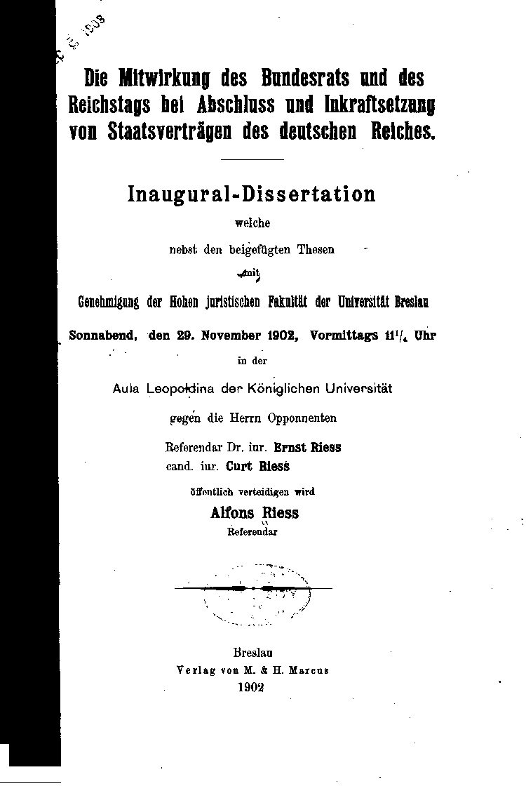 Die Mitwirkung des Bundesrats und des Reichstags bei Abschluss und Inkraftsetzung von Staatsverträgen des deutschen Reiches