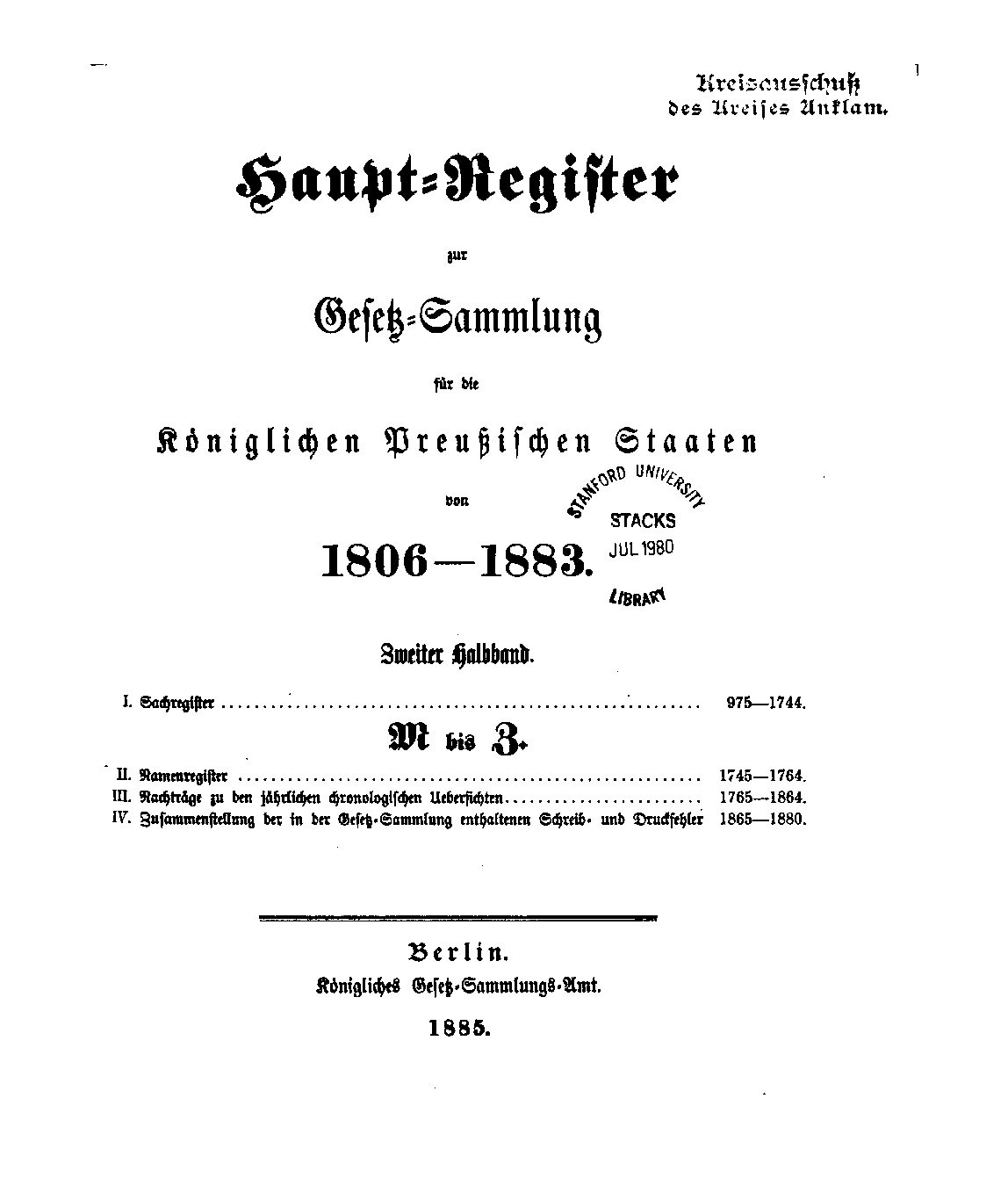 Haupt-Register 1806-1883 - Zweiter Halbband, M-Z