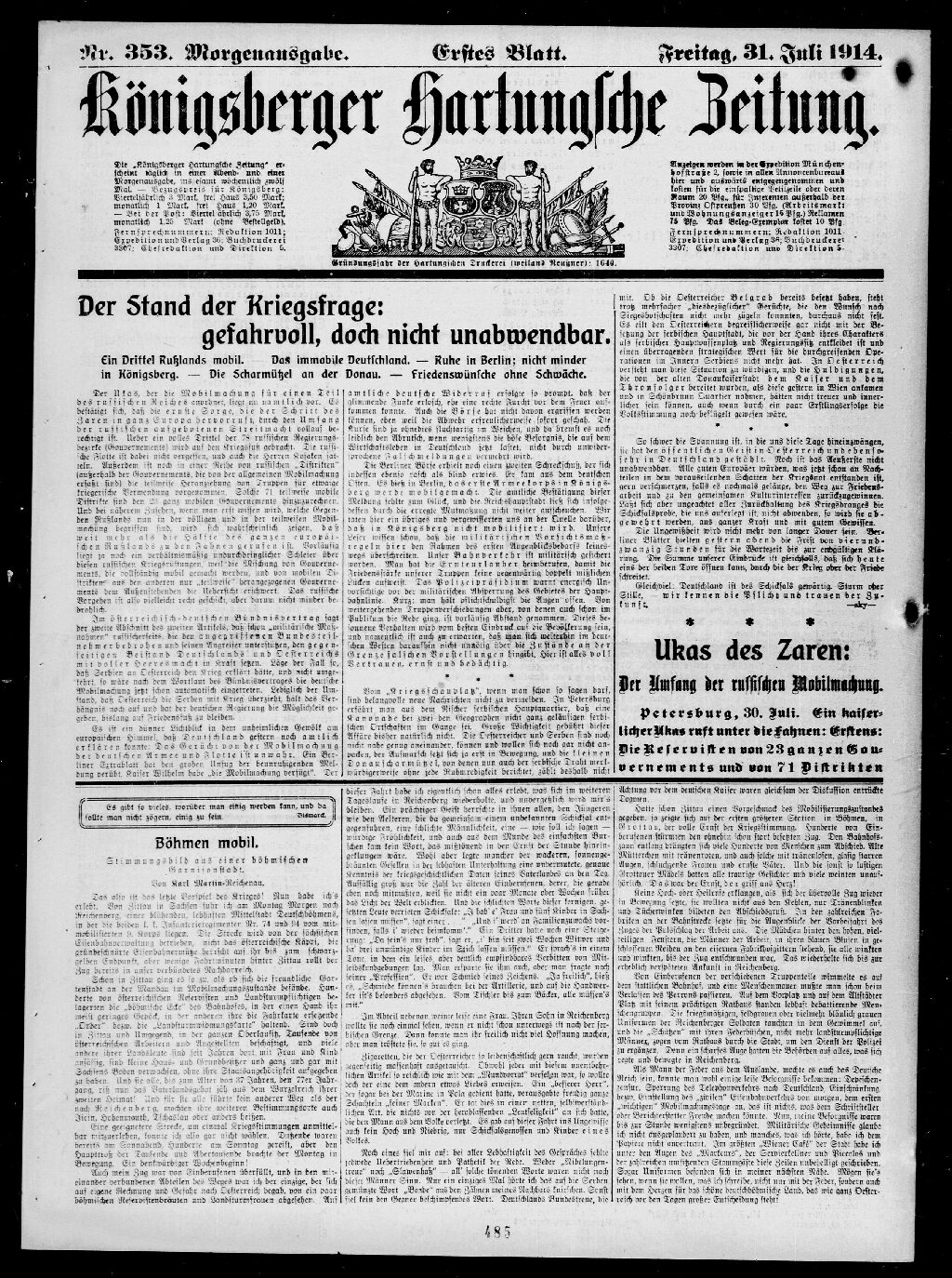 Königsberger Zeitung Nr. 353 - 31.07.1914