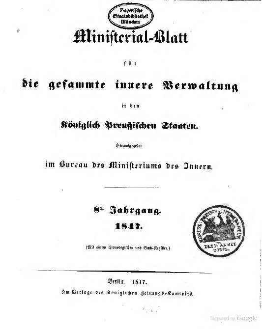 Ministerial-Blatt für die gesammte innere Verwaltung in den Königlich Preußischen Staaten 8. Jahrgang - 1847