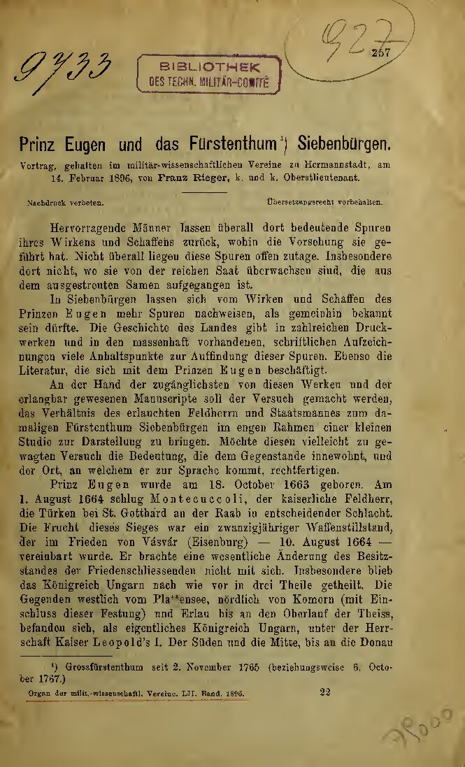 Prinz Eugen und das Fürstentum Siebenbürgen - 1896