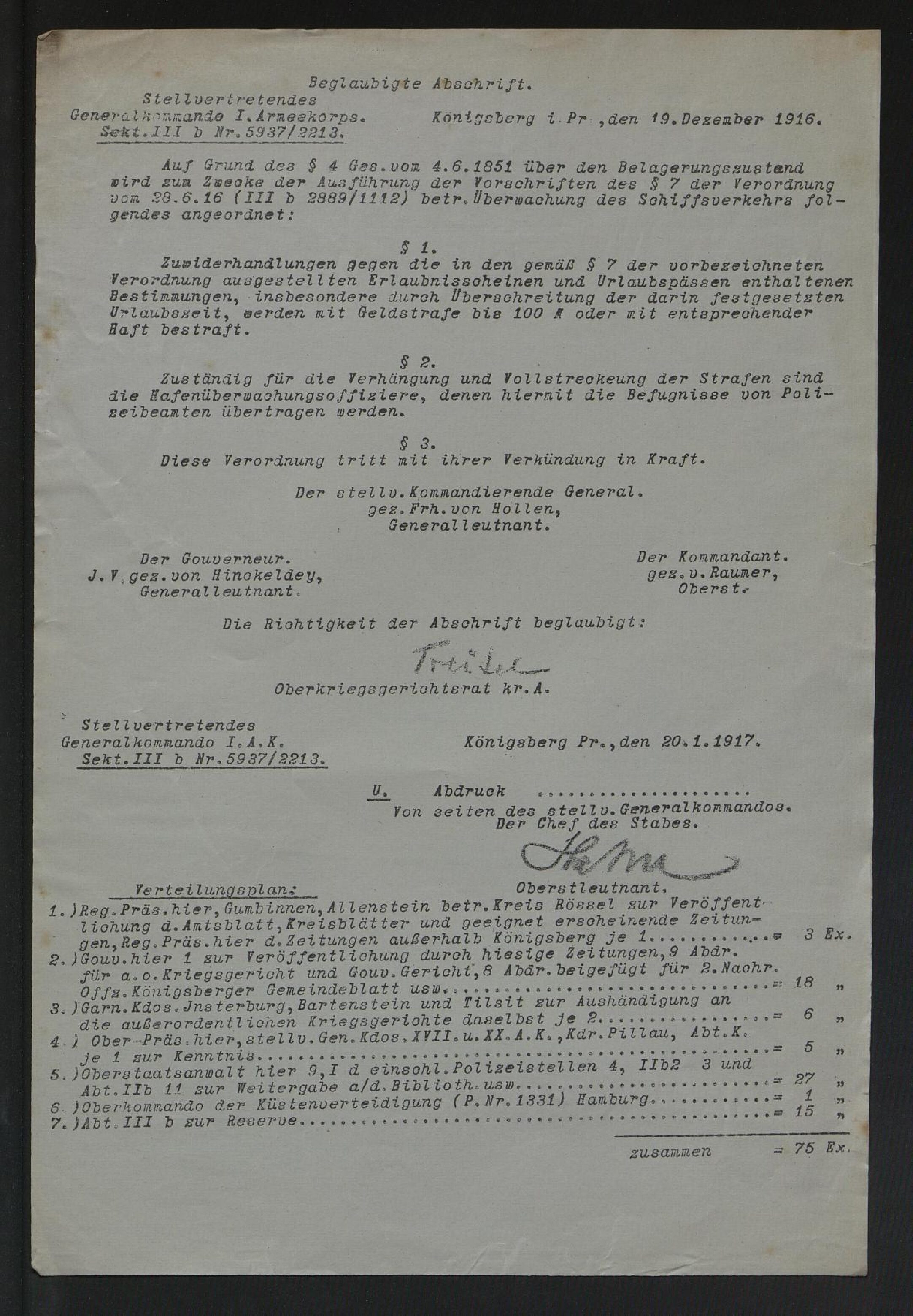 Schriftstücke-Unterlagen des Stellvertretenden Generalkommandos des I. Armeekorps - Königsberg - 1916-17