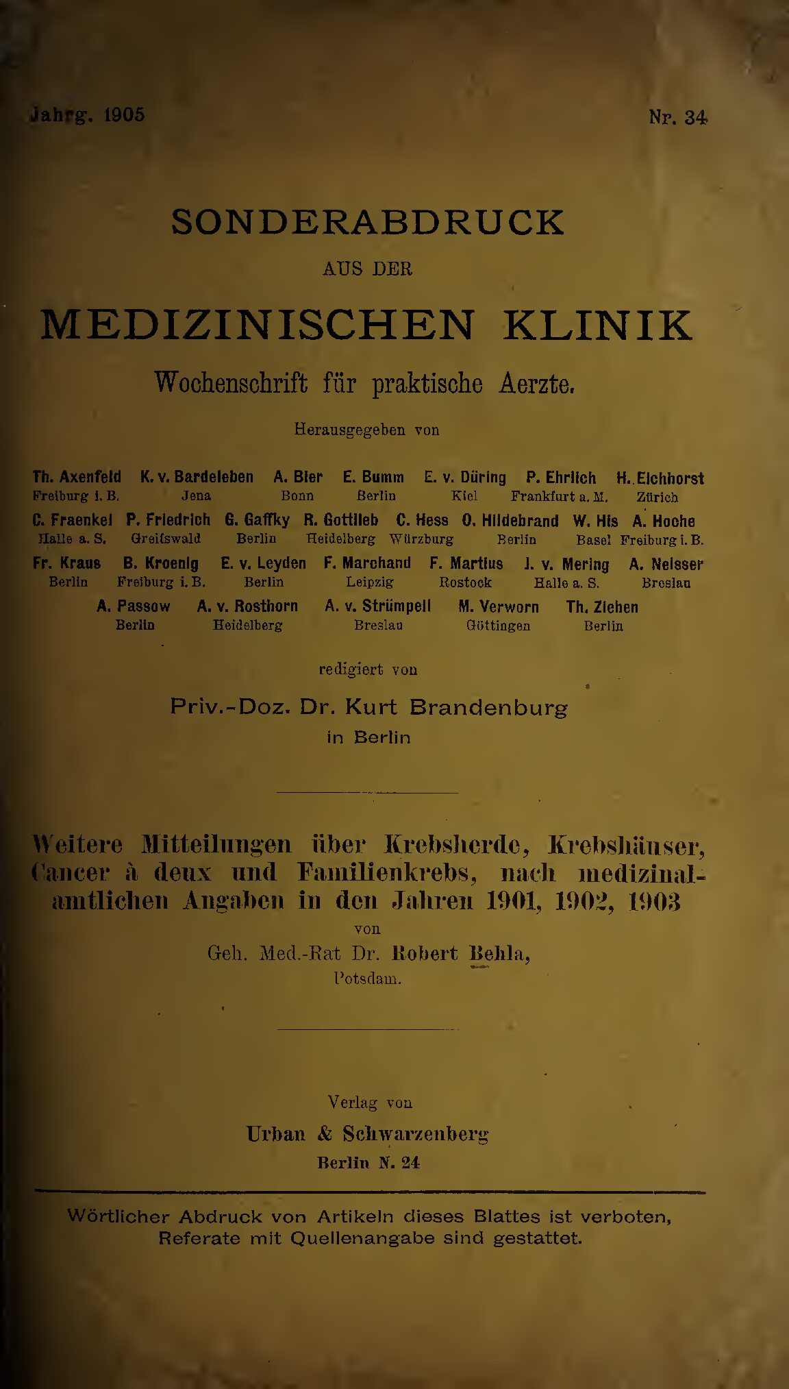Sonderabdruck aus der medizinischen Klinik - Wochenschrift für praktische Ärzte - Nr.34 - 1905