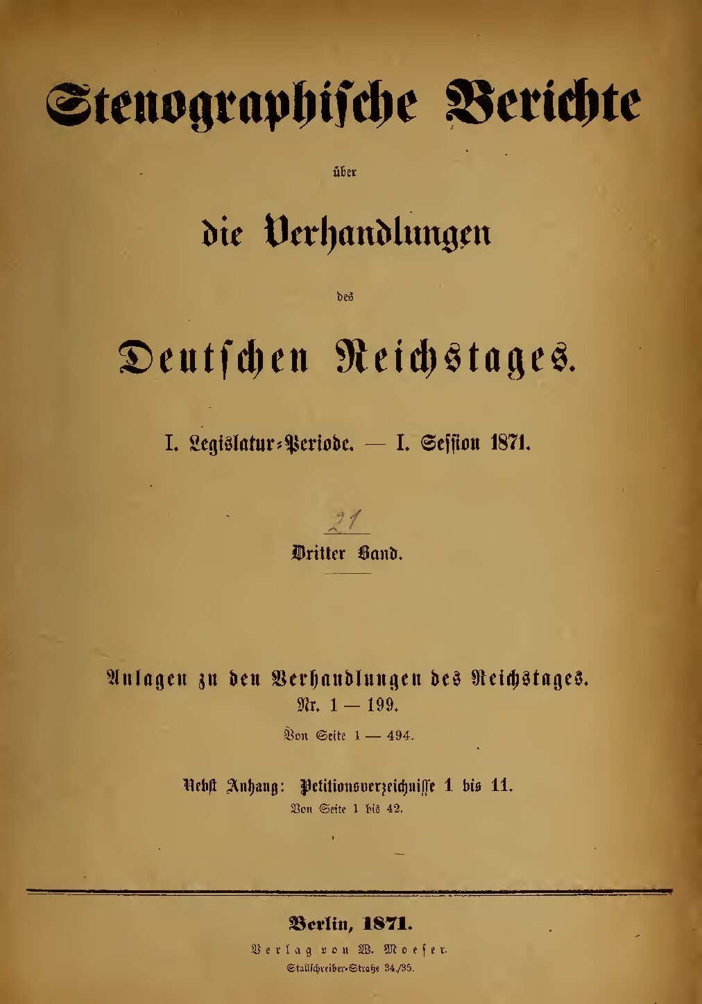 Stenographische Berichte über die Verhandlungen des Deutschen Reichstags 1. Legislaturperiode - I. Session 1871 - 3. Band 1871