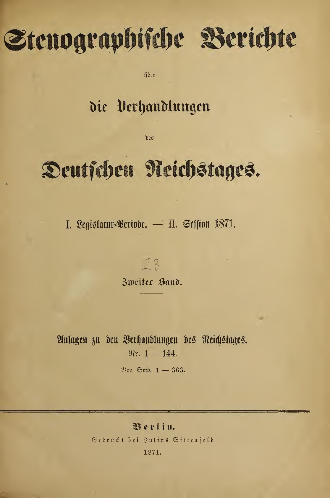 Stenographische Berichte über die Verhandlungen des Deutschen Reichstags 1. Legislaturperiode - II. Session 1871 - 2. Band 1871