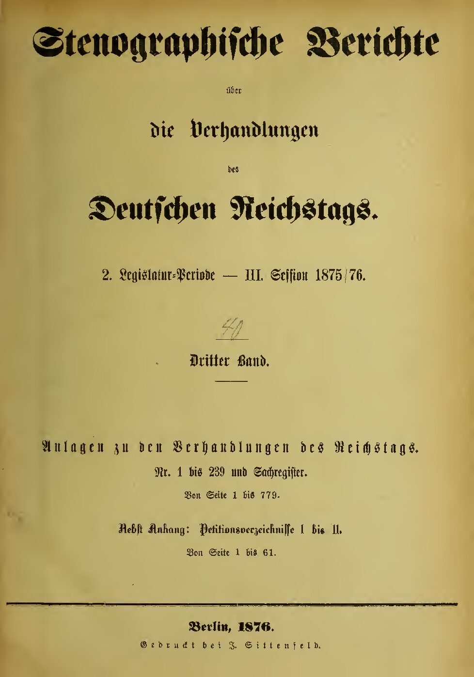 Stenographische Berichte über die Verhandlungen des Deutschen Reichstags 2. Legislaturperiode - III. Session 1875-76 - 3. Band 1876