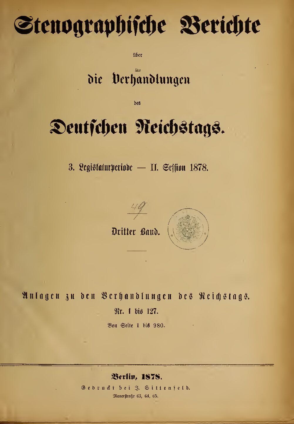 Stenographische Berichte über die Verhandlungen des Deutschen Reichstags 3. Legislaturperiode - II. Session 1878 - 3. Band 1878