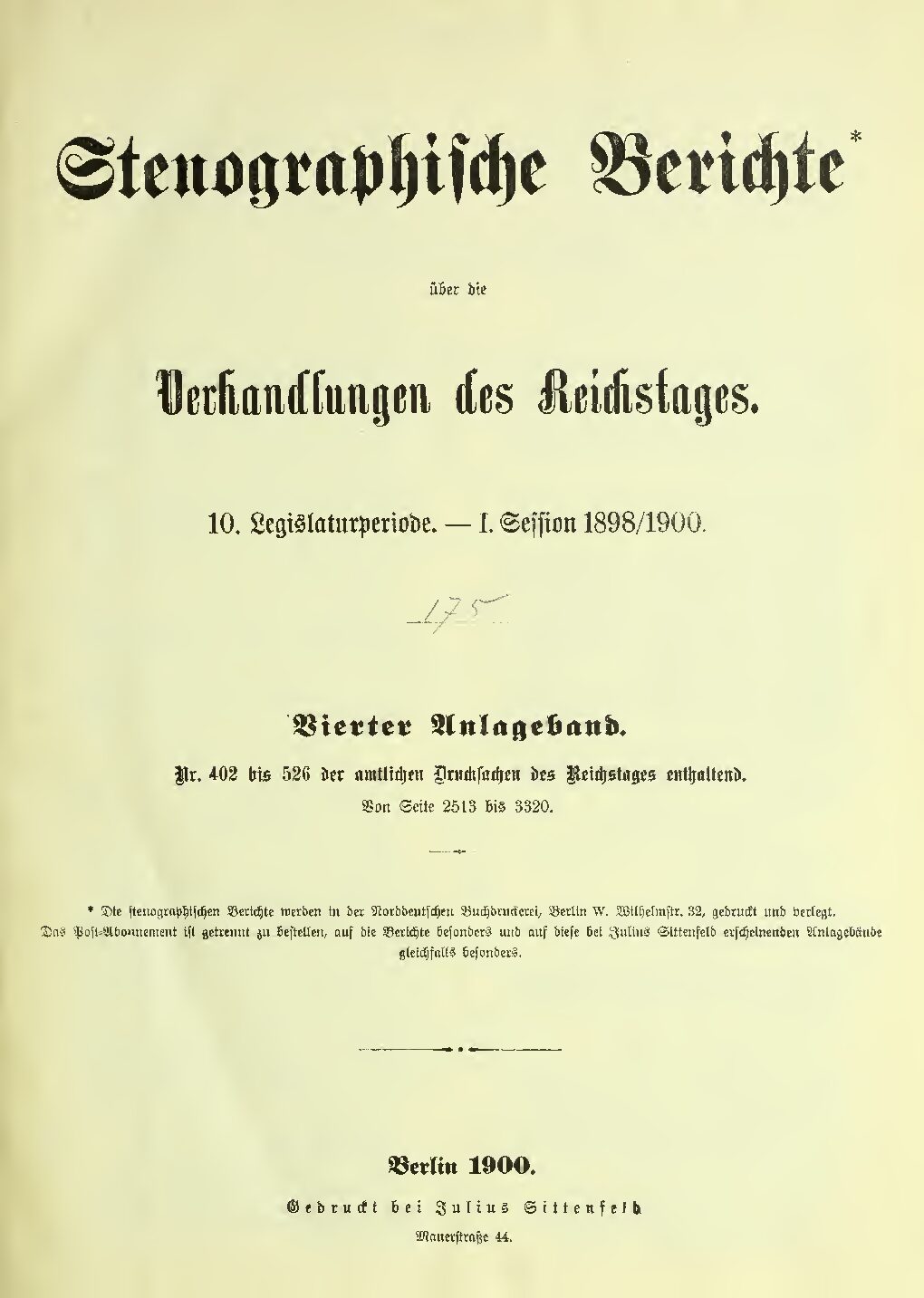 Stenographische Berichte über die Verhandlungen des Deutschen Reichstags 10. Legislaturperiode - I. Session 1898-1900 - 6. Band - 4. Anlageband 1900