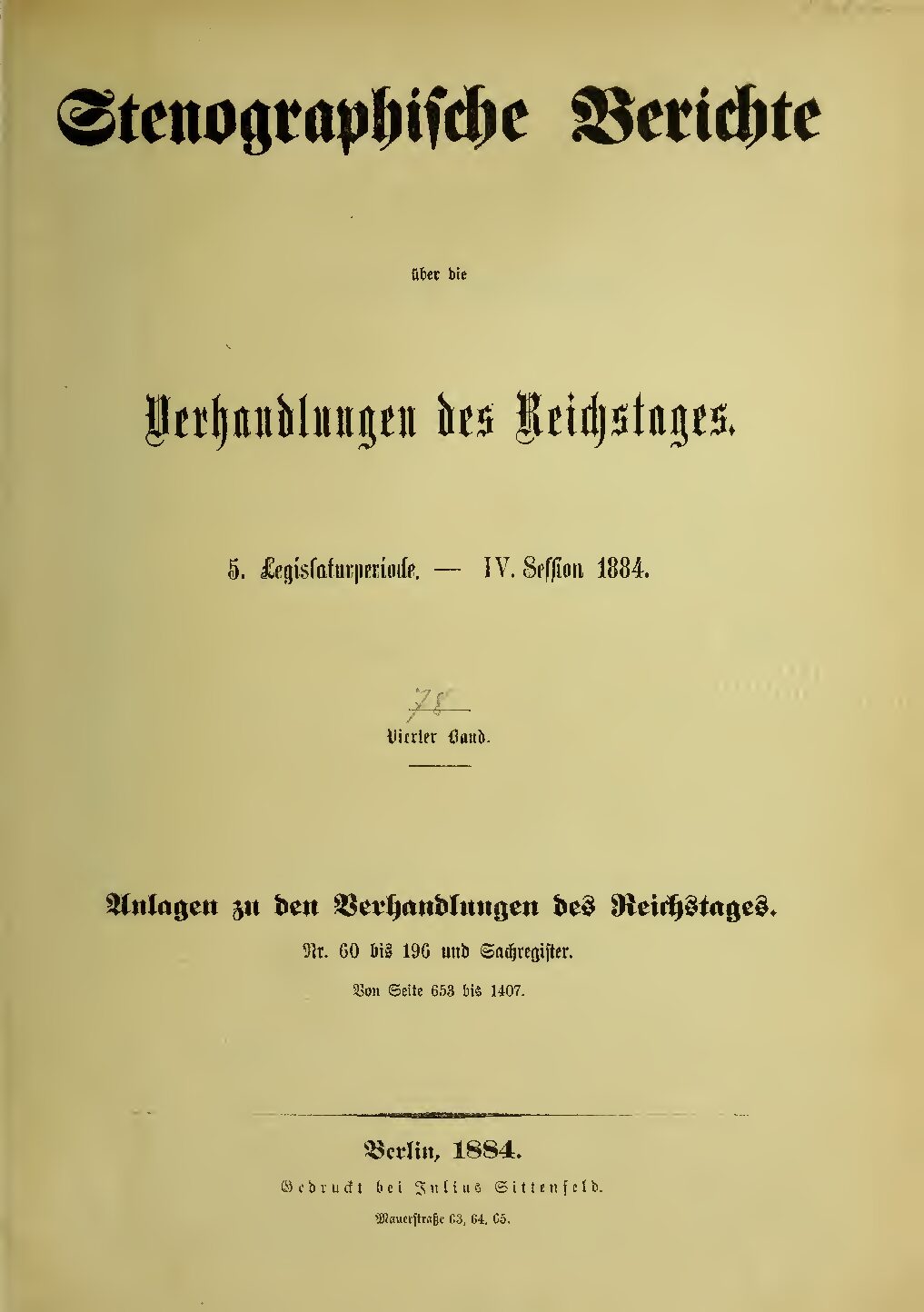 Stenographische Berichte über die Verhandlungen des Deutschen Reichstags 5. Legislaturperiode - IV. Session 1884 - 4. Band 1884