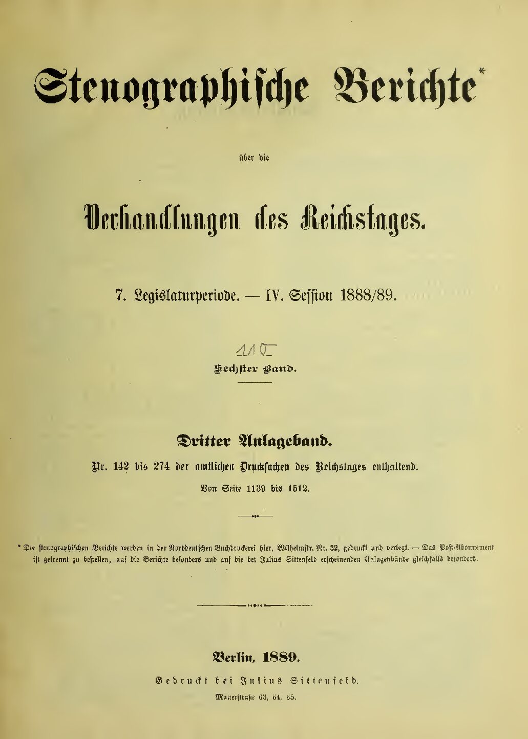 Stenographische Berichte über die Verhandlungen des Deutschen Reichstags 7. Legislaturperiode - IV. Session 1888-89 - 6. Band - 3. Anlageband 1889