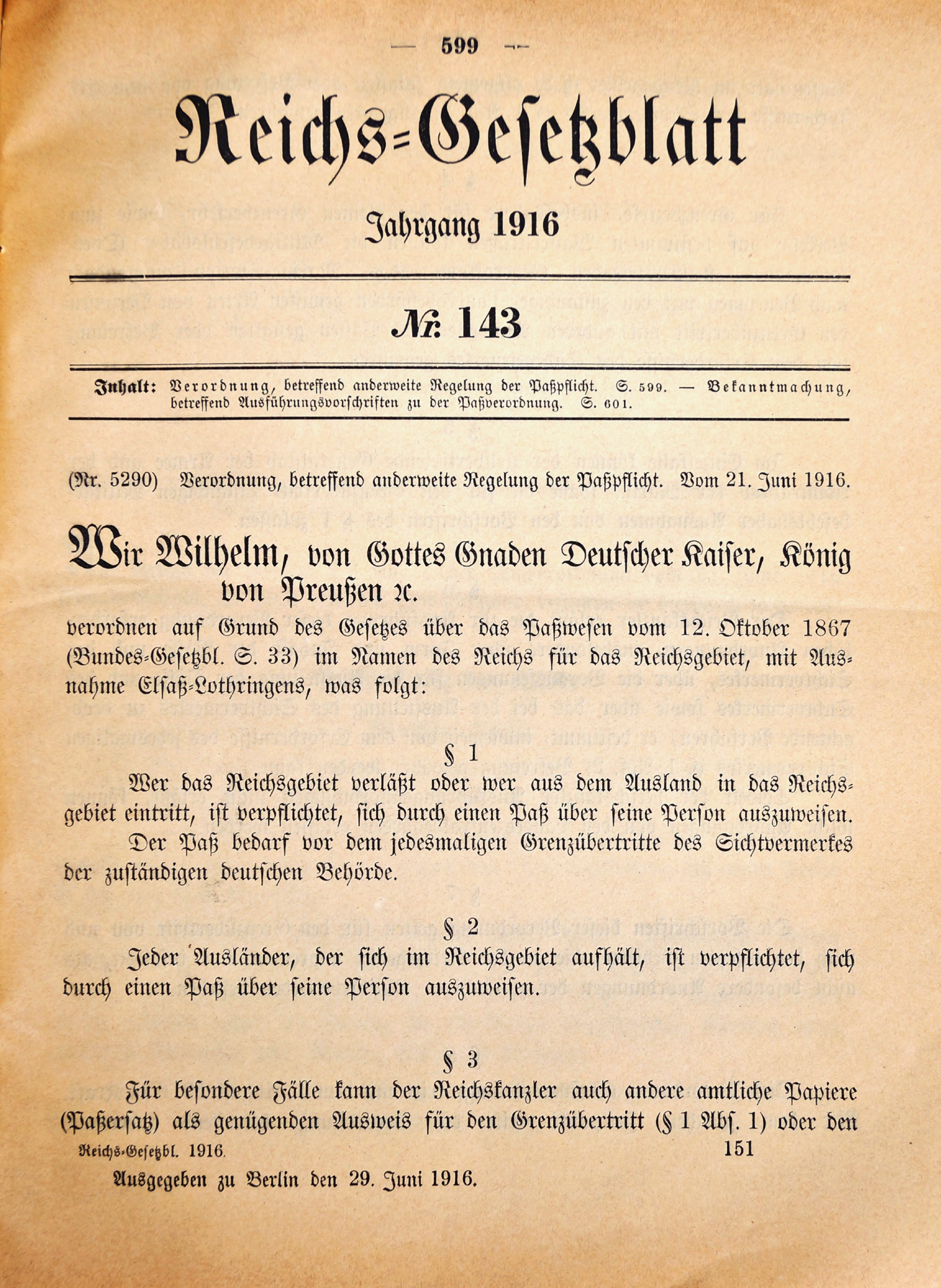 Verordnung, betreffend anderweite Regelung der Paßpflicht vom 21. Juni 1916