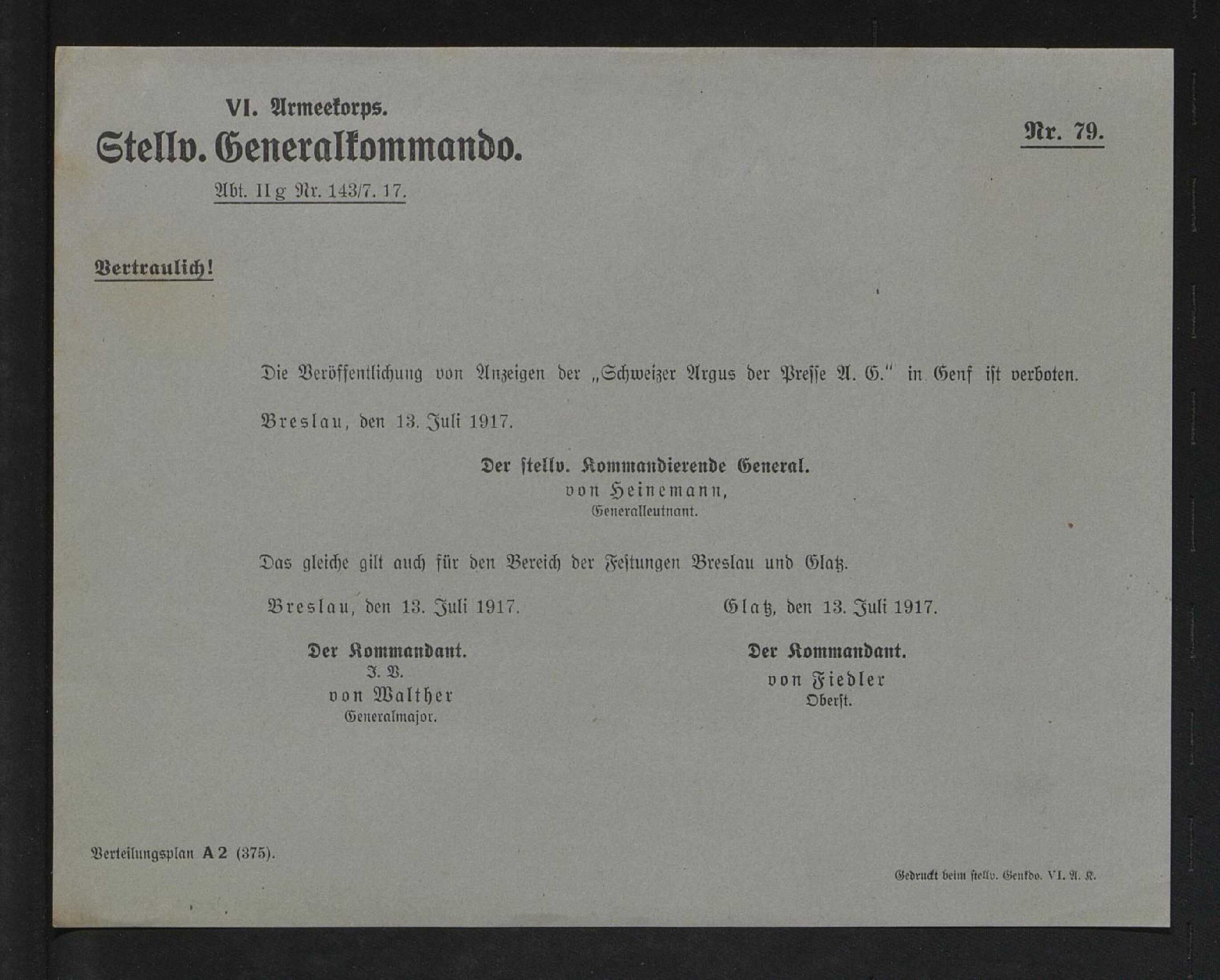 Vertrauliche Meldungen u. Kundmachungen des Stellv. Generalkommandos des VI. Armeekorps