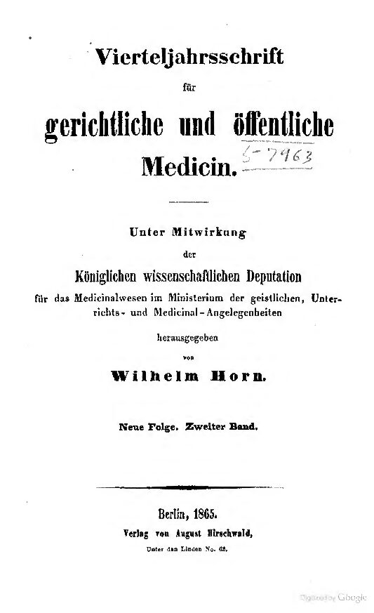 Virteljahrsschrift für gerichtliche Medicin und öffentliches Sanitätswesen Neue Folge 2. Band - 1865