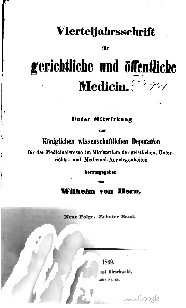 Virteljahrsschrift für gerichtliche und öffentliche Medicin Neue Folge 10. Band - 1869