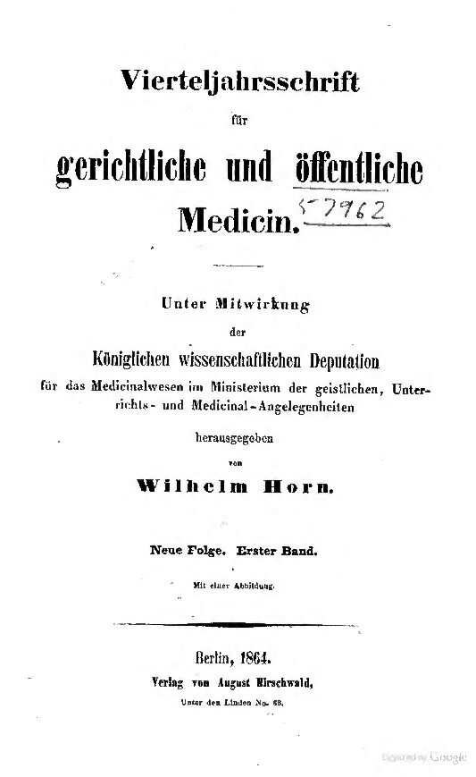Virteljahrsschrift für gerichtliche und öffentliche Medicin Neue Folge 1. Band - 1864