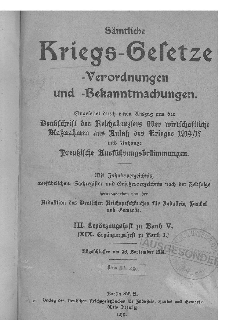 Kriegs-Gesetze - Verordnungen und Bekanntmachungen - Heft XIX