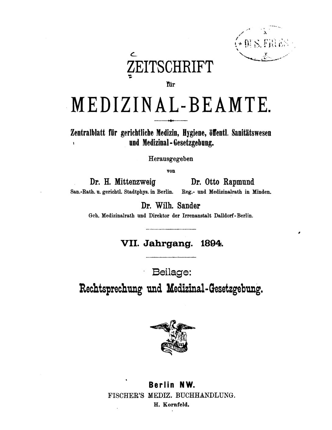 Zeitschrift für Medizinal-Beamte - 1894 - Beilage