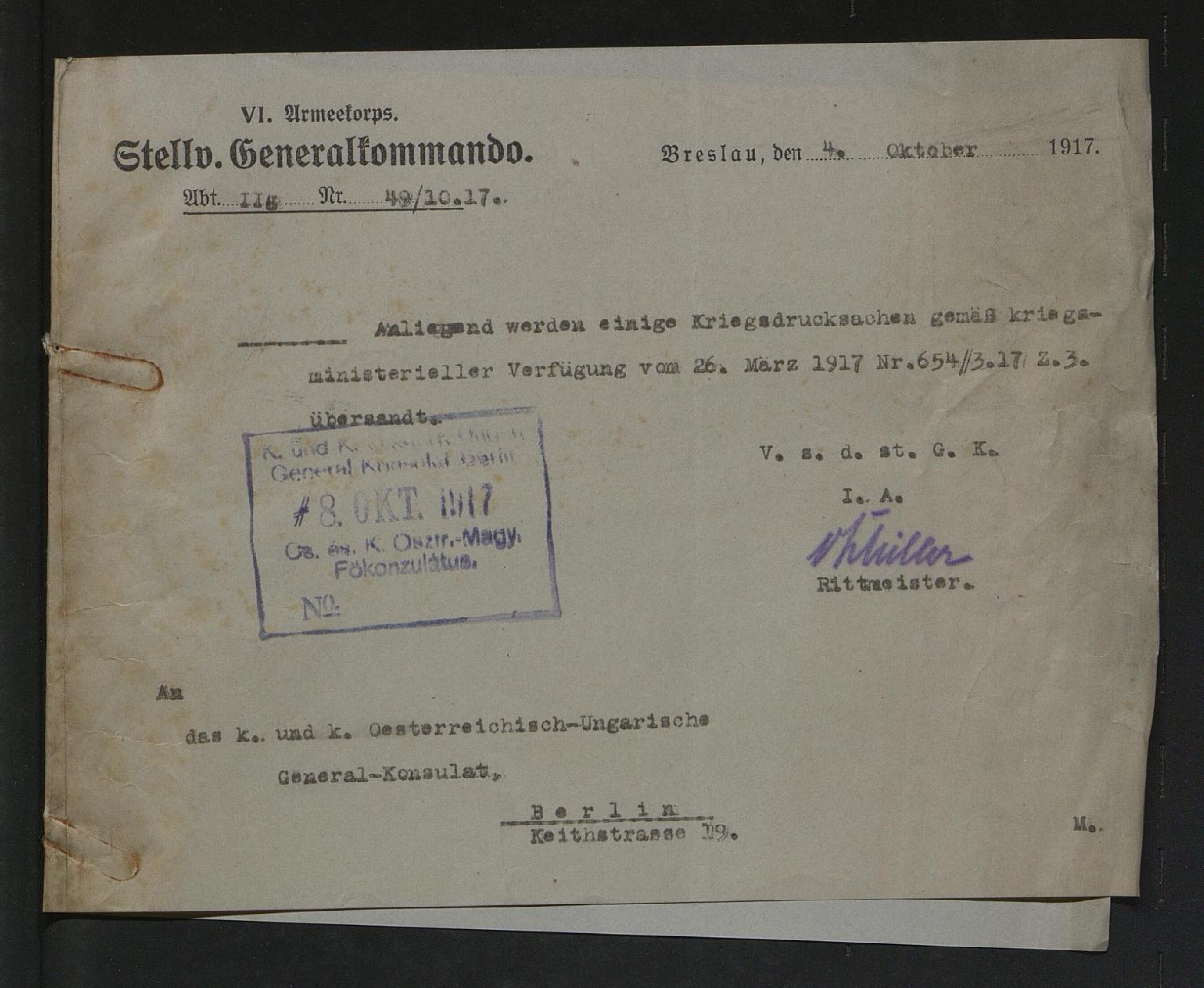 Zusatz - Vertrauliche Meldungen u. Kundmachungen des Stellv. Generalkommandos des VI. Armeekorps zum Thema Zensur - 1917