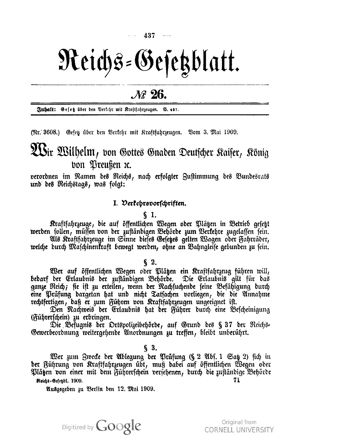 1909 - Gesetz über den Verkehr mit Kraftfahrzeugen