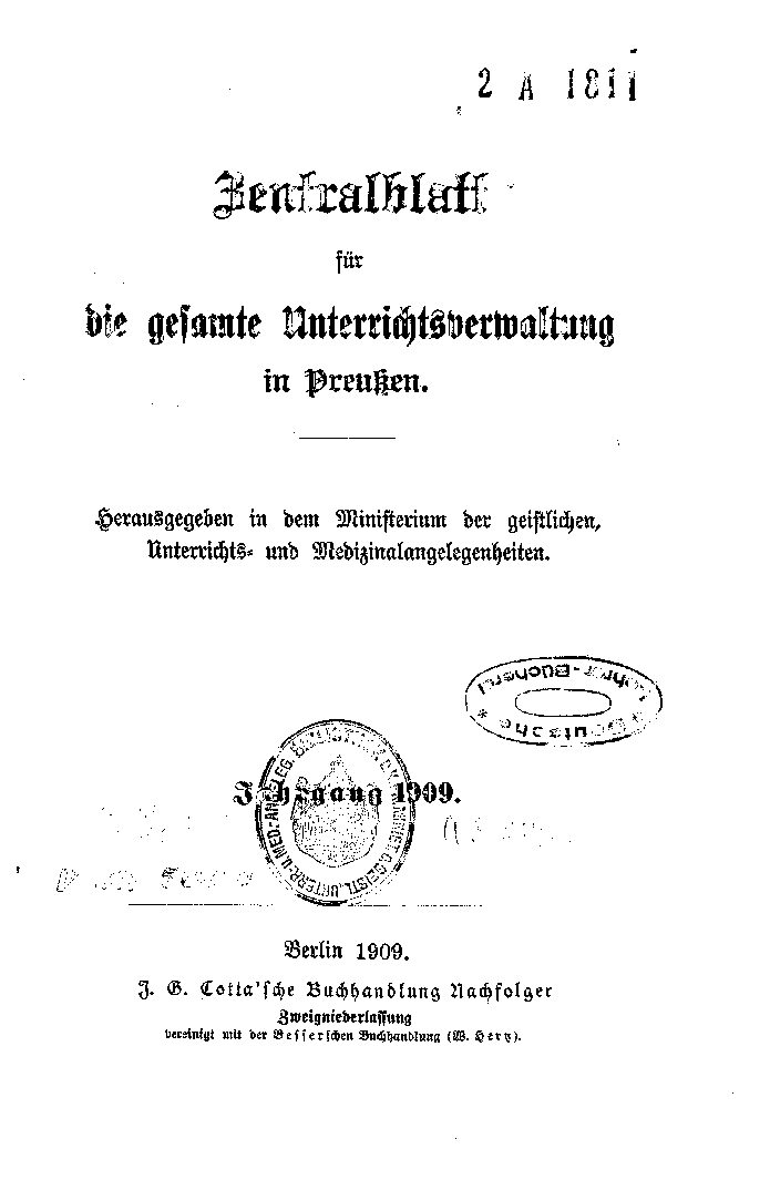 Zentralblatt für die gesamte Unterrichtsverwaltung in Preußen