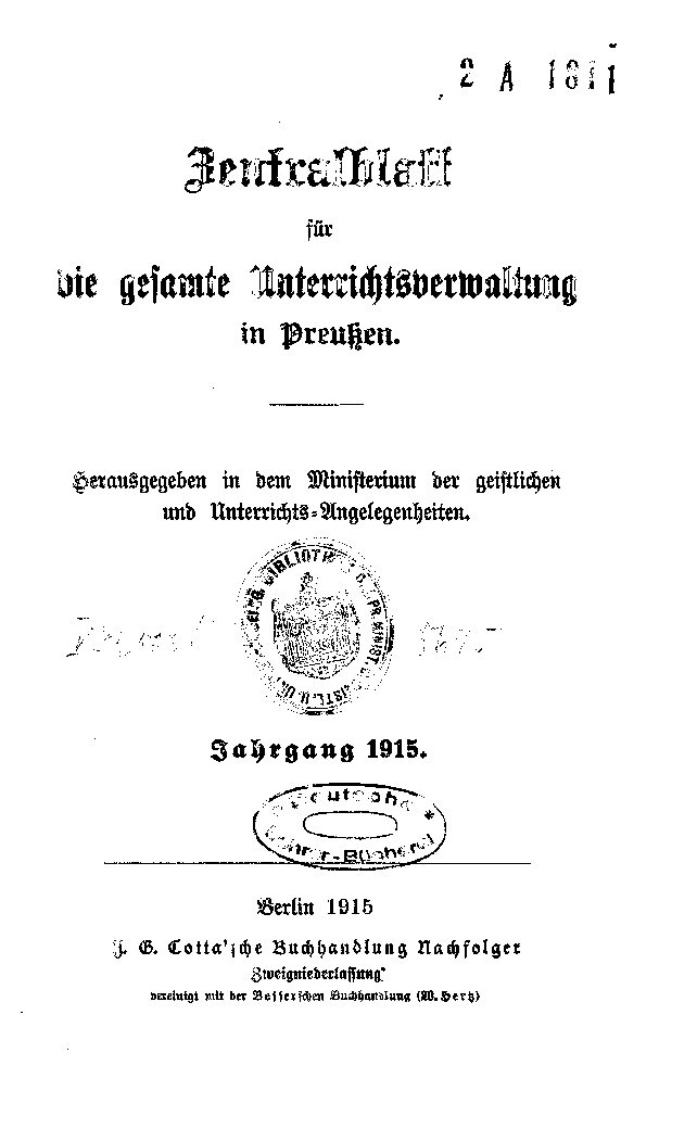 Zentralblatt für die gesamte Unterrichtsverwaltung in Preußen