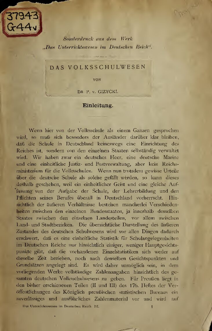 Das Unterrichtswesen im Deutschen Reich - Sonderdruck: Das Volksschulwesen