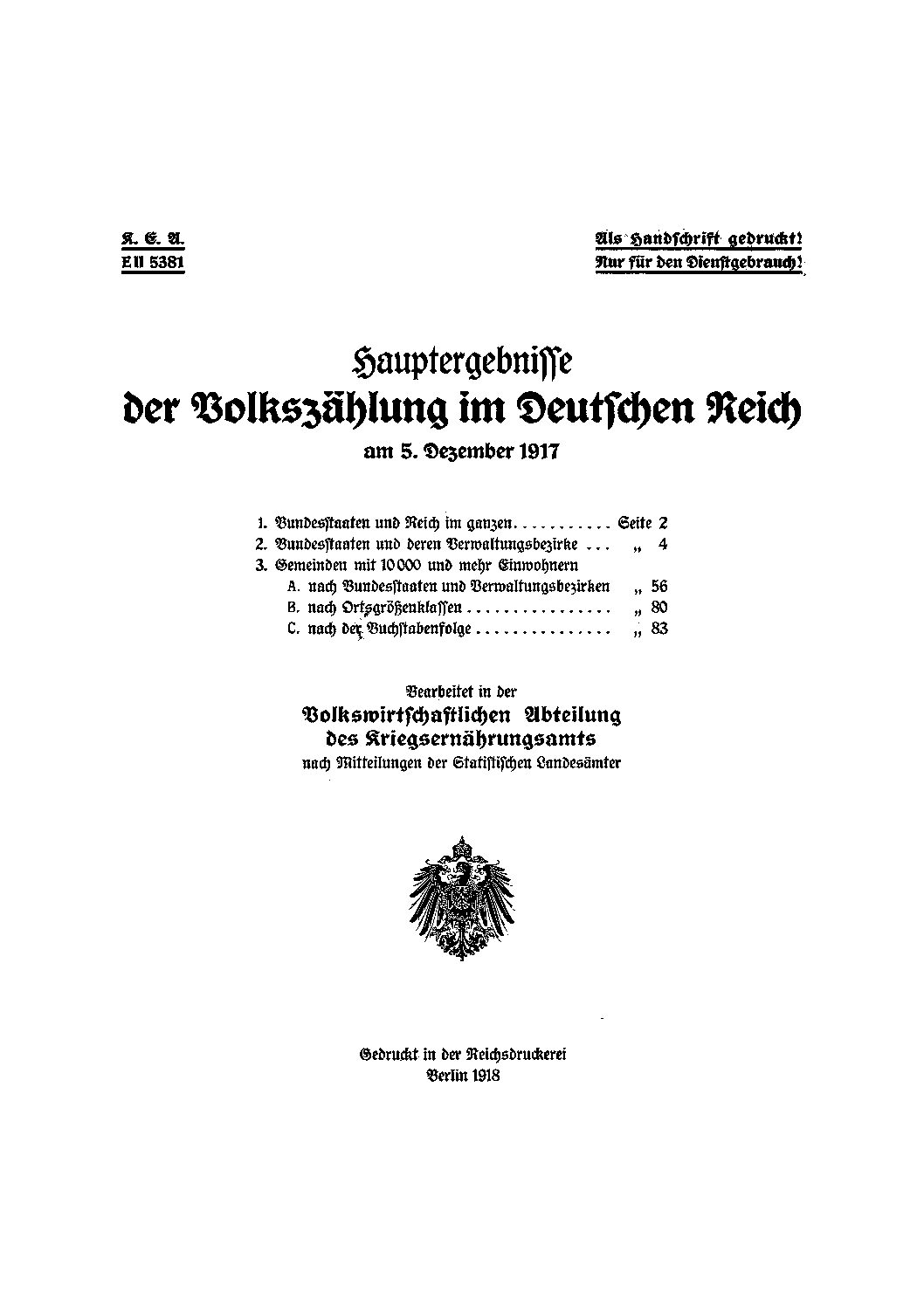 Hauptergebnisse der Volkszählung im Deutschen Reich am 5. Dezember 1917